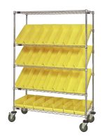 The Quantum Slanted Shelf Cart is 48W x 18D x 69H with a 1200 lbs load capacity and features two flat shelves, three slanted shelves, and holds 28 QSB104 yellow bins. It has a chrome-plated finish and comes with wheels for easy mobility.