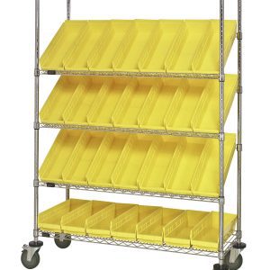 The Quantum Slanted Shelf Cart is 48W x 18D x 69H with a 1200 lbs load capacity and features two flat shelves, three slanted shelves, and holds 28 QSB104 yellow bins. It has a chrome-plated finish and comes with wheels for easy mobility.