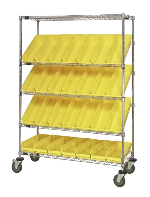 The Quantum Slanted Shelf Cart is 48W x 18D x 69H with a 1200 lbs load capacity and features two flat shelves, three slanted shelves, and holds 28 QSB104 yellow bins. It has a chrome-plated finish and comes with wheels for easy mobility.