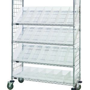The Quantum Slanted Shelf Enclosure Cart measures 36W x 18D x 69H and features a chrome-plated finish with two flat and three slanted shelves. It includes 20 QSB104 clear bins, side enclosure panels, and is equipped with swivel caster wheels for easy mobility. Load capacity: 1200 lbs.