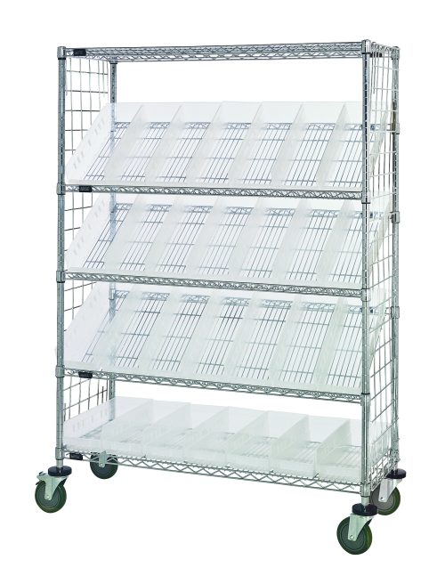 The Quantum Slanted Shelf Enclosure Cart measures 36W x 18D x 69H and features a chrome-plated finish with two flat and three slanted shelves. It includes 20 QSB104 clear bins, side enclosure panels, and is equipped with swivel caster wheels for easy mobility. Load capacity: 1200 lbs.