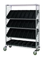 The Quantum Slanted Shelf Enclosure Cart boasts a 1200 lbs load capacity and measures 36W x 18D x 69H. It includes flat and slanted shelves with wire side panels, 20 QSB104 black bins, and green caster wheels for easy mobility. The cart is chrome-plated and shipped KD.