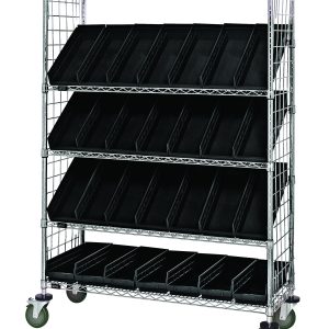 The Quantum Slanted Shelf Enclosure Cart boasts a 1200 lbs load capacity and measures 36W x 18D x 69H. It includes flat and slanted shelves with wire side panels, 20 QSB104 black bins, and green caster wheels for easy mobility. The cart is chrome-plated and shipped KD.