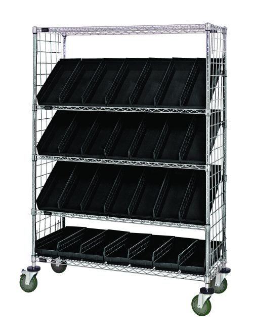 The Quantum Slanted Shelf Enclosure Cart boasts a 1200 lbs load capacity and measures 36W x 18D x 69H. It includes flat and slanted shelves with wire side panels, 20 QSB104 black bins, and green caster wheels for easy mobility. The cart is chrome-plated and shipped KD.