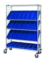The Quantum Slanted Shelf Enclosure Cart features a chrome finish and dimensions of 48W x 18D x 69H. It includes two flat and three slanted shelves with side panels, holds up to 1200 lbs, and comes with 28 QSB104 blue bins for easy access and organization.
