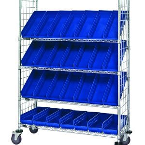 The Quantum Slanted Shelf Enclosure Cart features a chrome finish and dimensions of 48W x 18D x 69H. It includes two flat and three slanted shelves with side panels, holds up to 1200 lbs, and comes with 28 QSB104 blue bins for easy access and organization.