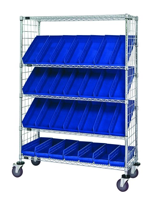 The Quantum Slanted Shelf Enclosure Cart features a chrome finish and dimensions of 48W x 18D x 69H. It includes two flat and three slanted shelves with side panels, holds up to 1200 lbs, and comes with 28 QSB104 blue bins for easy access and organization.
