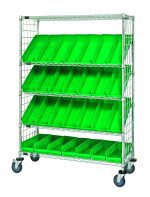 The Quantum Slanted Shelf Enclosure Cart, measuring 48W x 18D x 69H, boasts a chrome-plated finish with two flat and three slanted shelves. It includes 28 QSB104 green bins with side enclosure panels for organized storage and features four wheels for enhanced mobility. Load capacity: 1200 lbs.