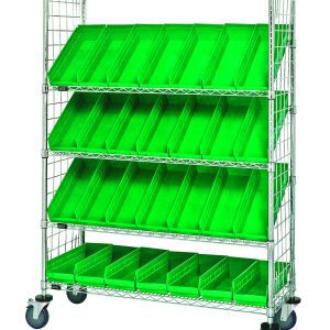 The Quantum Slanted Shelf Enclosure Cart, measuring 48W x 18D x 69H, boasts a chrome-plated finish with two flat and three slanted shelves. It includes 28 QSB104 green bins with side enclosure panels for organized storage and features four wheels for enhanced mobility. Load capacity: 1200 lbs.