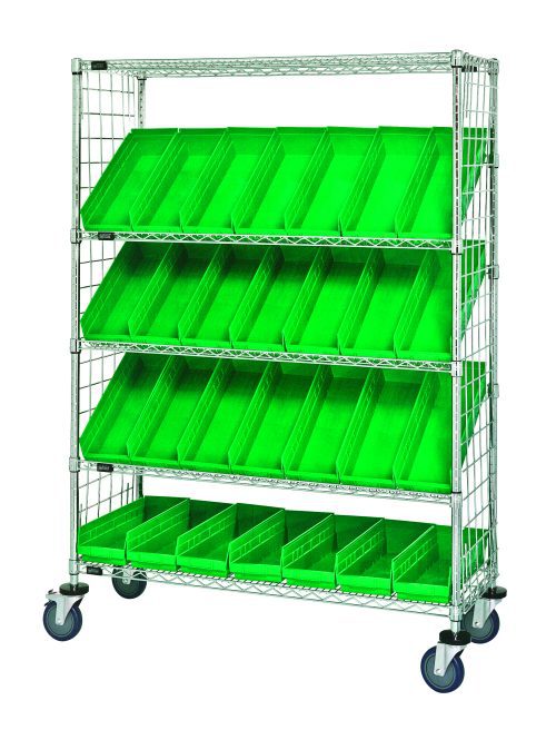 The Quantum Slanted Shelf Enclosure Cart, measuring 48W x 18D x 69H, boasts a chrome-plated finish with two flat and three slanted shelves. It includes 28 QSB104 green bins with side enclosure panels for organized storage and features four wheels for enhanced mobility. Load capacity: 1200 lbs.