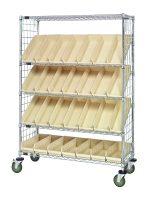 The Quantum Slanted Shelf Enclosure Cart has a 1200 lbs capacity, dimensions of 48W x 18D x 69H, and includes (2) flat and (3) slanted shelves holding (28) QSB104 ivory bins. It features chrome plating, side enclosure panels, mobility wheels, and angled forward bins with dividers.