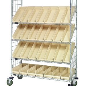 The Quantum Slanted Shelf Enclosure Cart has a 1200 lbs capacity, dimensions of 48W x 18D x 69H, and includes (2) flat and (3) slanted shelves holding (28) QSB104 ivory bins. It features chrome plating, side enclosure panels, mobility wheels, and angled forward bins with dividers.