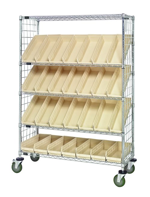 The Quantum Slanted Shelf Enclosure Cart has a 1200 lbs capacity, dimensions of 48W x 18D x 69H, and includes (2) flat and (3) slanted shelves holding (28) QSB104 ivory bins. It features chrome plating, side enclosure panels, mobility wheels, and angled forward bins with dividers.