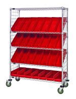 The Quantum Slanted Shelf Enclosure Cart features a 1200 lbs load capacity with (2) flat and (3) slanted shelves, each holding several QSB104 red bins. It includes side enclosure panels for protection, and its wheels ensure easy mobility. The chrome-plated finish adds durability and style.