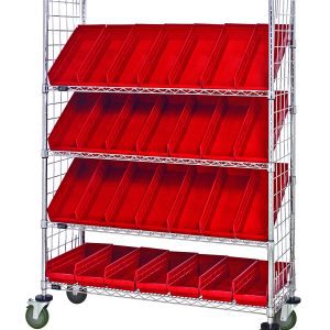 The Quantum Slanted Shelf Enclosure Cart features a 1200 lbs load capacity with (2) flat and (3) slanted shelves, each holding several QSB104 red bins. It includes side enclosure panels for protection, and its wheels ensure easy mobility. The chrome-plated finish adds durability and style.
