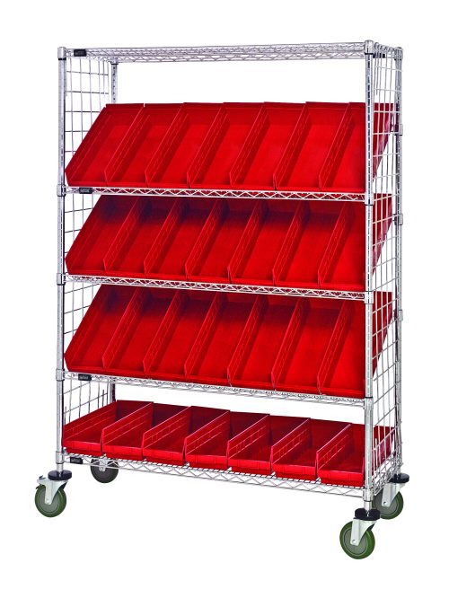 The Quantum Slanted Shelf Enclosure Cart features a 1200 lbs load capacity with (2) flat and (3) slanted shelves, each holding several QSB104 red bins. It includes side enclosure panels for protection, and its wheels ensure easy mobility. The chrome-plated finish adds durability and style.
