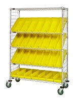 The Quantum Slanted Shelf Enclosure Cart is a chrome-plated, wheeled unit measuring 48W x 18D x 69H. It features two flat and three slanted shelves with side panels, holding 28 QSB104 yellow bins. It has a wireframe structure and can carry up to 1200 lbs when shipped disassembled.