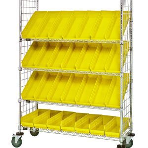 The Quantum Slanted Shelf Enclosure Cart is a chrome-plated, wheeled unit measuring 48W x 18D x 69H. It features two flat and three slanted shelves with side panels, holding 28 QSB104 yellow bins. It has a wireframe structure and can carry up to 1200 lbs when shipped disassembled.