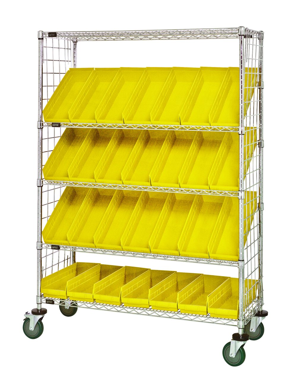Slanted shelf cart with yellow shelf bins on four sloped levels