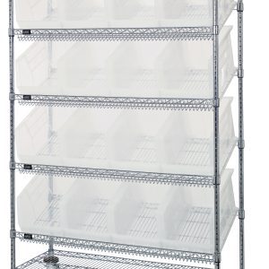 The Quantum Slanted Shelf Cart, sized at 48W x 18D x 80H, boasts a chrome plated finish and holds up to 1200 lbs. It comes with two flat and four slanted shelves plus sixteen QUS260 clear bins, providing sturdy industrial design for easy visibility and access on its wheeled construction.