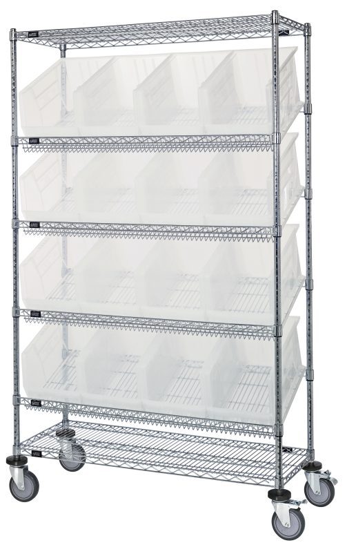 The Quantum Slanted Shelf Cart, sized at 48W x 18D x 80H, boasts a chrome plated finish and holds up to 1200 lbs. It comes with two flat and four slanted shelves plus sixteen QUS260 clear bins, providing sturdy industrial design for easy visibility and access on its wheeled construction.