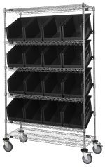 The Quantum Slanted Shelf Cart, measuring 48W x 18D x 80H, supports a 1200 lbs load with its chrome-plated finish. It features two flat and four slanted shelves, includes sixteen Qus260 black bins for storage, and is equipped with wheels for mobility. It ships knocked down (KD).