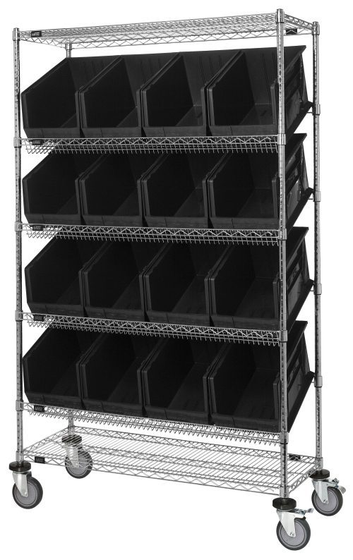 The Quantum Slanted Shelf Cart, measuring 48W x 18D x 80H, supports a 1200 lbs load with its chrome-plated finish. It features two flat and four slanted shelves, includes sixteen Qus260 black bins for storage, and is equipped with wheels for mobility. It ships knocked down (KD).