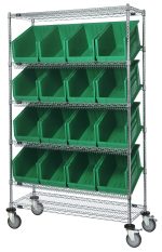 The chrome-plated Quantum Slanted Shelf Cart measures 48W x 18D x 80H, includes four slanted shelves, accommodating (16) QUS260 green bins, and features wheels for easy movement.