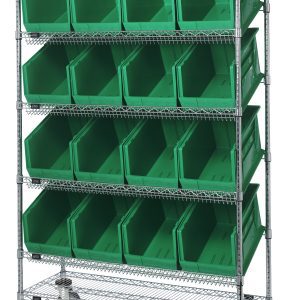 The chrome-plated Quantum Slanted Shelf Cart measures 48W x 18D x 80H, includes four slanted shelves, accommodating (16) QUS260 green bins, and features wheels for easy movement.