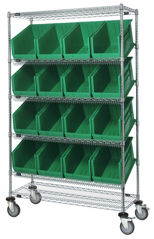 The chrome-plated Quantum Slanted Shelf Cart measures 48W x 18D x 80H, includes four slanted shelves, accommodating (16) QUS260 green bins, and features wheels for easy movement.