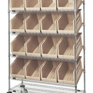The Quantum Slanted Shelf Cart features a chrome finish with dimensions of 48W X 18D X 80H. It includes two flat and four slanted shelves, accommodating (16) QUS260 ivory bins and supports a 1200 lbs load capacity. The open front design allows easy access for efficient organization.