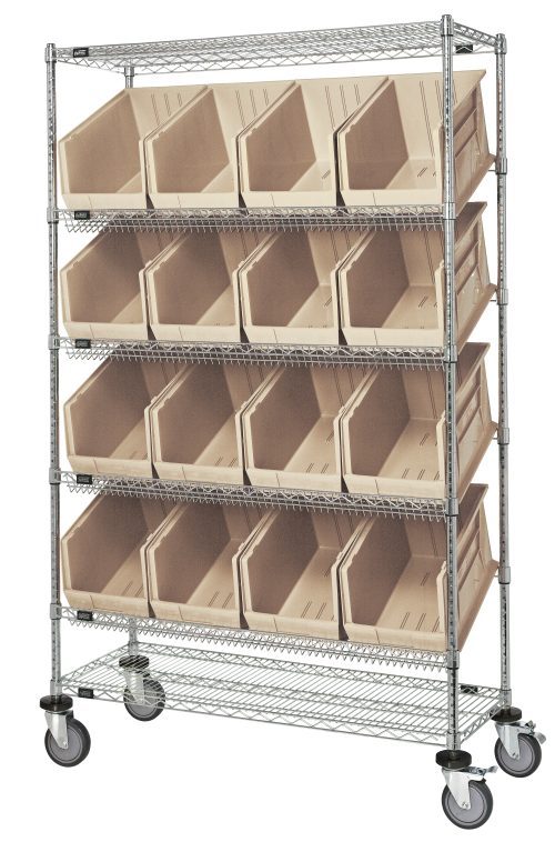 The Quantum Slanted Shelf Cart features a chrome finish with dimensions of 48W X 18D X 80H. It includes two flat and four slanted shelves, accommodating (16) QUS260 ivory bins and supports a 1200 lbs load capacity. The open front design allows easy access for efficient organization.