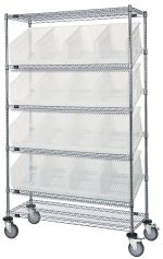 A Quantum Slanted Shelf Cart with a chrome finish, measuring 48W x 24D x 80H, includes (2) flat and (4) slanted shelves supporting (16) QUS953 clear bins. It has a load capacity of 1200 lbs and features caster wheels for easy mobility.