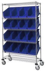 The Quantum Slanted Shelf Cart measures 48W x 24D x 80H, features a chrome-plated finish, and includes two flat and four slanted shelves. It comes with 16 Qus953 blue bins and can support up to 1200 lbs, making it ideal for storage or organization with its functional design.