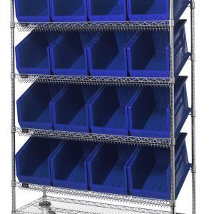 The Quantum Slanted Shelf Cart measures 48W x 24D x 80H, features a chrome-plated finish, and includes two flat and four slanted shelves. It comes with 16 Qus953 blue bins and can support up to 1200 lbs, making it ideal for storage or organization with its functional design.