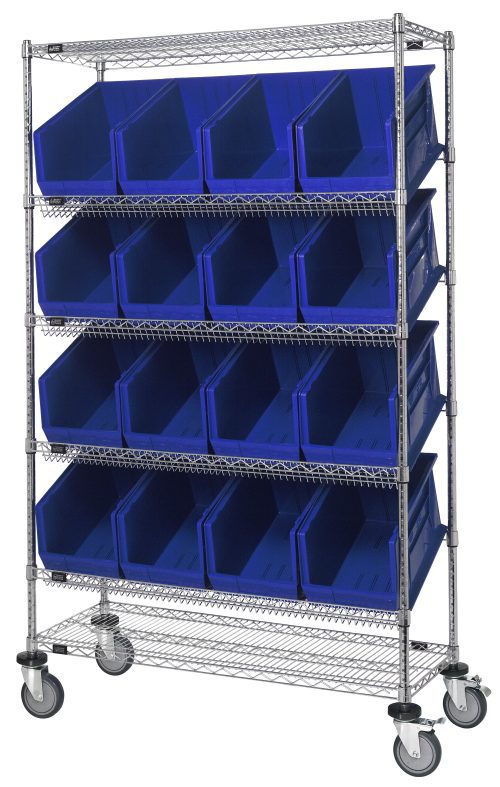 The Quantum Slanted Shelf Cart measures 48W x 24D x 80H, features a chrome-plated finish, and includes two flat and four slanted shelves. It comes with 16 Qus953 blue bins and can support up to 1200 lbs, making it ideal for storage or organization with its functional design.