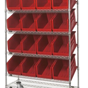 The Quantum Slanted Shelf Cart measures 48W x 24D x 80H, supports up to 1200 lbs, and includes two flat shelves, four slanted shelves, and 16 QUS953 red bins. Its chrome plated for durability and shipped KD for convenience.