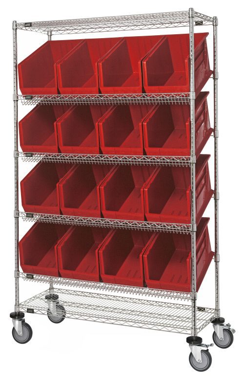 The Quantum Slanted Shelf Cart measures 48W x 24D x 80H, supports up to 1200 lbs, and includes two flat shelves, four slanted shelves, and 16 QUS953 red bins. Its chrome plated for durability and shipped KD for convenience.
