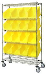 The Quantum Slanted Shelf Cart (48W x 24D x 80H, 1200 lbs capacity) features a chrome-plated finish and includes two flat and four slanted shelves with 16 QUS953 yellow bins. This mobile rack ensures organized, open-front bin storage in a sleek design.