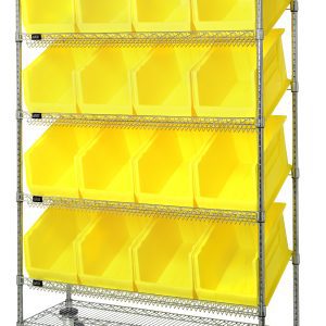 The Quantum Slanted Shelf Cart (48W x 24D x 80H, 1200 lbs capacity) features a chrome-plated finish and includes two flat and four slanted shelves with 16 QUS953 yellow bins. This mobile rack ensures organized, open-front bin storage in a sleek design.
