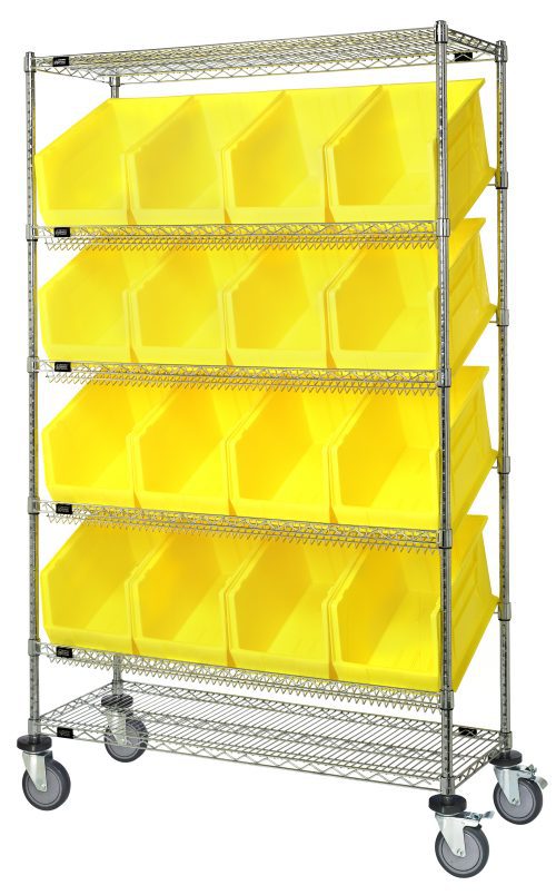 The Quantum Slanted Shelf Cart (48W x 24D x 80H, 1200 lbs capacity) features a chrome-plated finish and includes two flat and four slanted shelves with 16 QUS953 yellow bins. This mobile rack ensures organized, open-front bin storage in a sleek design.