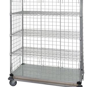 The Quantum Wire Enclosed Cart features a 1200 lb. capacity, four wire shelves, a solid galvanized steel shelf, enclosure panels, and a dolly base with chrome finish. It includes four thermoplastic resin casters (two rigid, two swivel with brakes) for mobility. Dimensions: 36W x 24D x 69H.