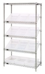 The Quantum Bin Systems Unit is a stationary, chrome-plated shelving system featuring four sturdy posts, two flat shelves, and three slanted wire shelves. It includes twelve clear bins for easy access to contents, making it ideal for organizing or storage in any 36W x 18D x 63H space.