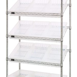 The Quantum Bin Systems Unit is a stationary, chrome-plated shelving system featuring four sturdy posts, two flat shelves, and three slanted wire shelves. It includes twelve clear bins for easy access to contents, making it ideal for organizing or storage in any 36W x 18D x 63H space.