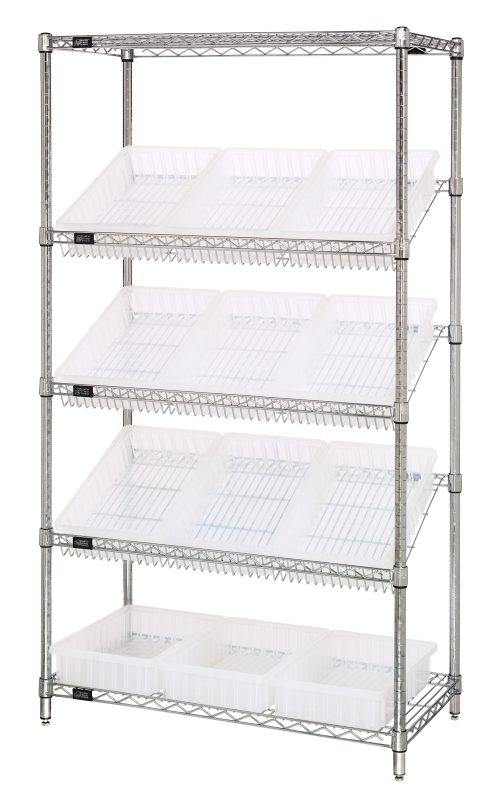 The Quantum Bin Systems Unit is a stationary, chrome-plated shelving system featuring four sturdy posts, two flat shelves, and three slanted wire shelves. It includes twelve clear bins for easy access to contents, making it ideal for organizing or storage in any 36W x 18D x 63H space.