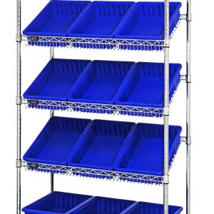 The Quantum Bin Systems Unit features four posts, two flat wire shelves, and three slanted wire shelves holding twelve blue bins (16-1/2L x 10-7/8W x 3-1/2H DG92035). Its chrome-plated finish ensures a sturdy, industrial design, ideal for dry storage applications.