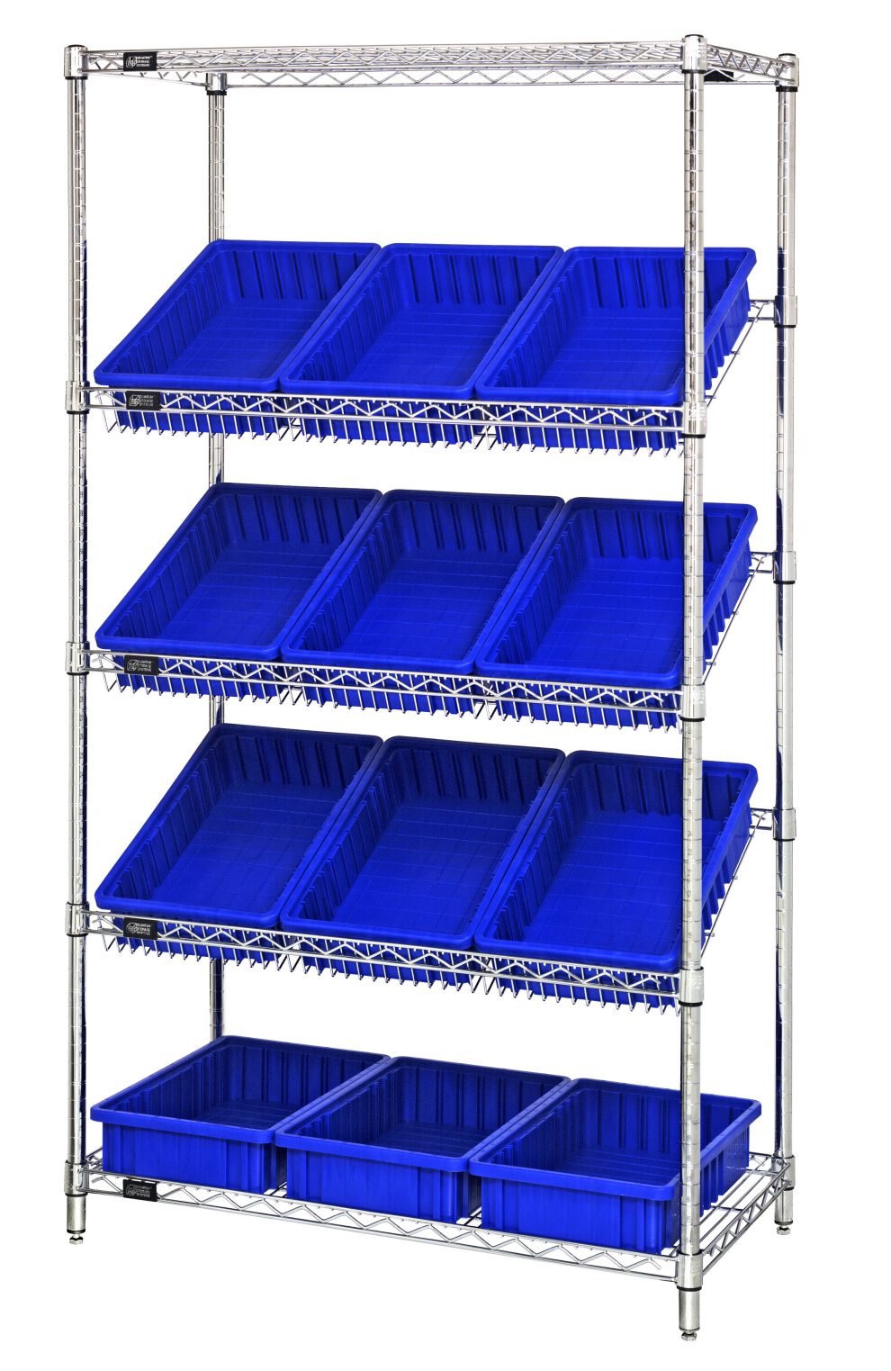 Chrome wire shelving system with five shelves of blue dividable grid containers