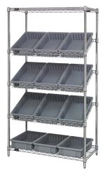 The Quantum Bin Systems Unit is a chrome-plated shelving unit with 4 posts, 2 flat and 3 slanted wire shelves, and includes twelve gray bins (16-1/2L x 10-7/8W x 3-1/2H). Its sturdy grid-like design offers durability and style for effective organization in dry storage applications.