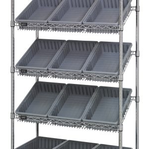 The Quantum Bin Systems Unit is a chrome-plated shelving unit with 4 posts, 2 flat and 3 slanted wire shelves, and includes twelve gray bins (16-1/2L x 10-7/8W x 3-1/2H). Its sturdy grid-like design offers durability and style for effective organization in dry storage applications.