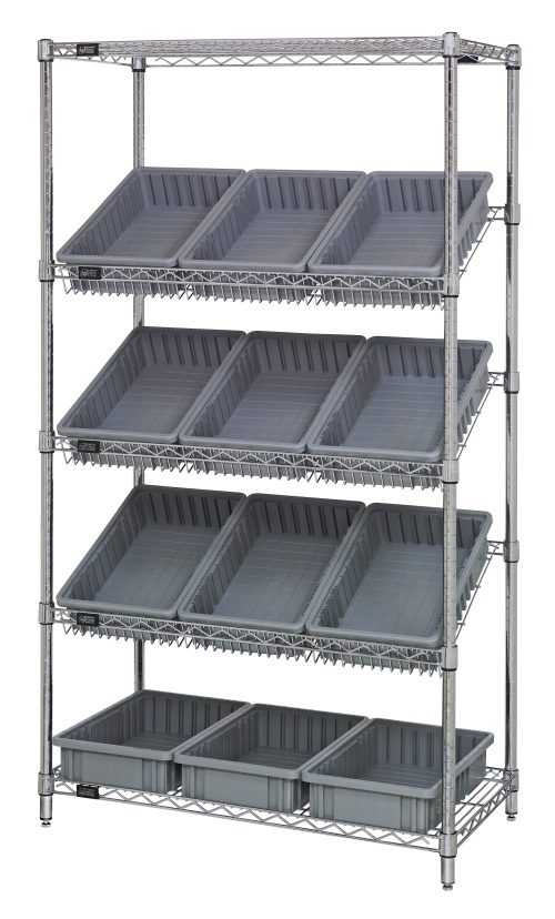 The Quantum Bin Systems Unit is a chrome-plated shelving unit with 4 posts, 2 flat and 3 slanted wire shelves, and includes twelve gray bins (16-1/2L x 10-7/8W x 3-1/2H). Its sturdy grid-like design offers durability and style for effective organization in dry storage applications.